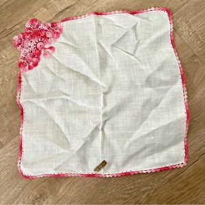 Vintage Handkerchief White‎ Cotton With Crocheted Pink Butterfly Handmade By ORA